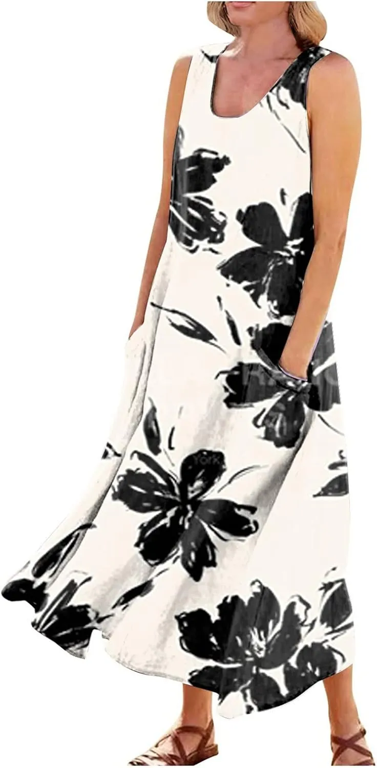 Womens Dresses Chic Sleeveless Scoop Neck Cotton Linen Dress Loose Floral Printed Beach Sundress with Pockets
