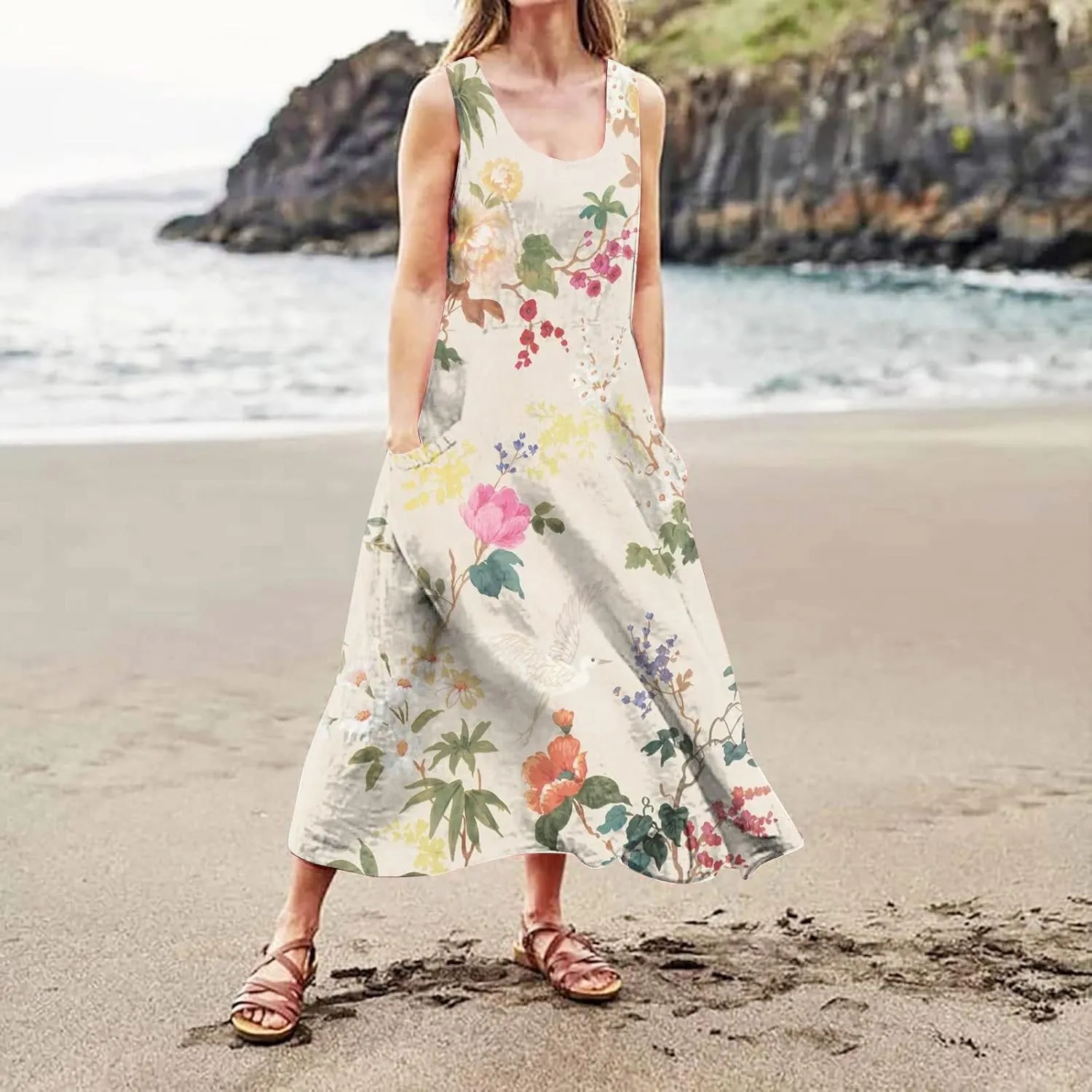 Womens Dresses Chic Sleeveless Scoop Neck Cotton Linen Dress Loose Floral Printed Beach Sundress with Pockets