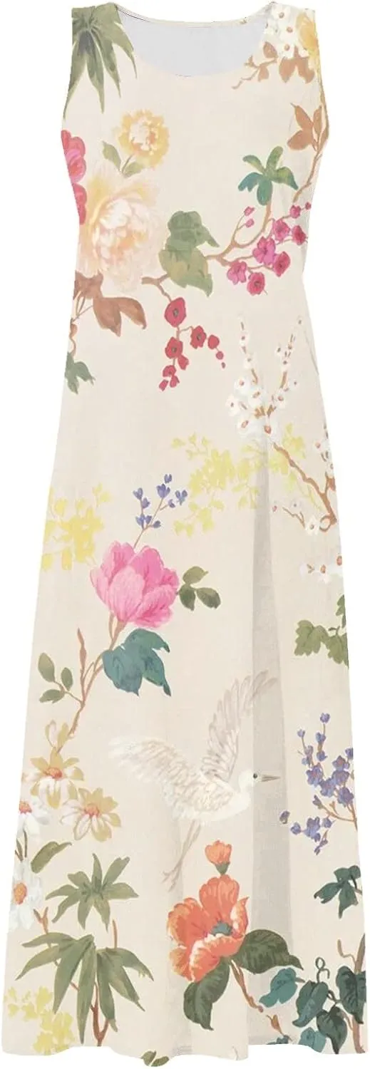 Womens Dresses Chic Sleeveless Scoop Neck Cotton Linen Dress Loose Floral Printed Beach Sundress with Pockets