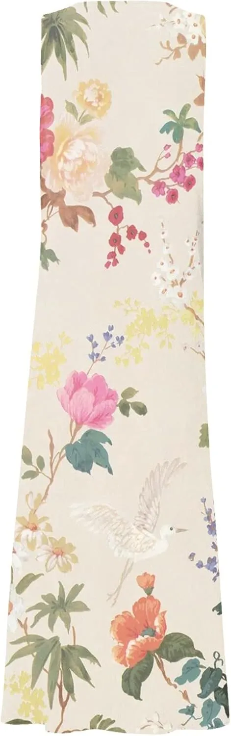 Womens Dresses Chic Sleeveless Scoop Neck Cotton Linen Dress Loose Floral Printed Beach Sundress with Pockets