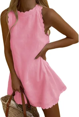 Womens Linen Sleeveless Tank Dress Crewneck Scallop Summer Short Dress Loose Casual Solid Color Flowy Beach Sundress