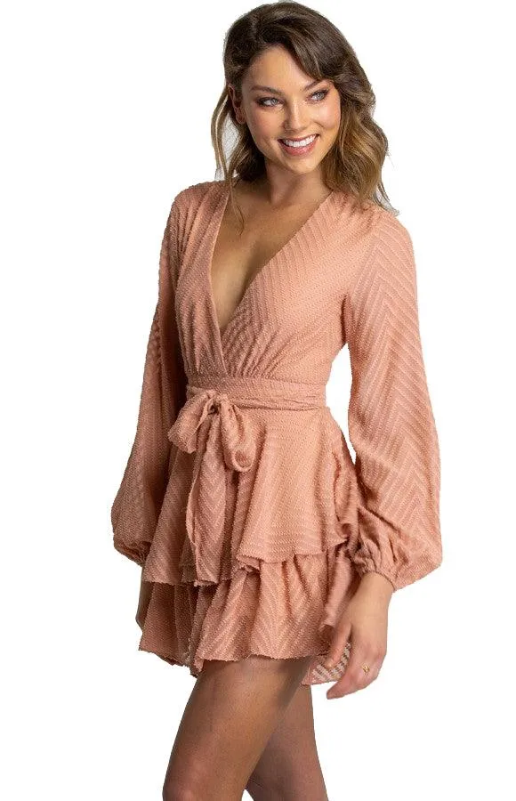 Women's Peach V-Neckline Playsuit with Ruffle Detail