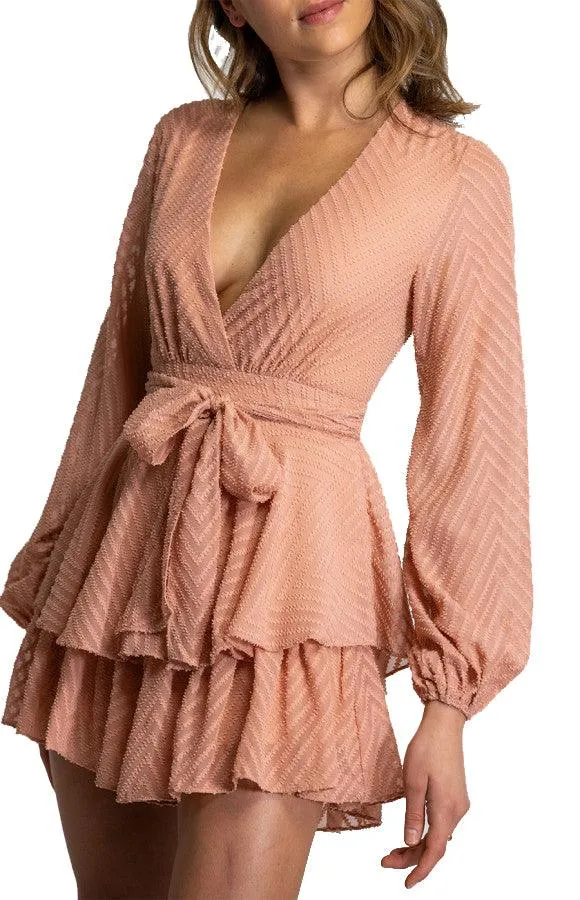 Women's Peach V-Neckline Playsuit with Ruffle Detail