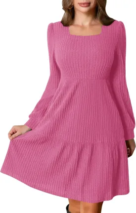 Womens Square Neck Long Sleeve Fall Dresses Casual Babydoll Sweater Dress Mini Wedding Guest Dresses with Pockets