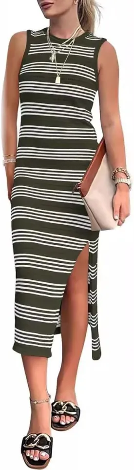 Women's Summer Bodycon Sundresses Slim-fit Dress Casual Midi Sleeveless Cut-Out Knit Side Slit Striped Long Vest Dress