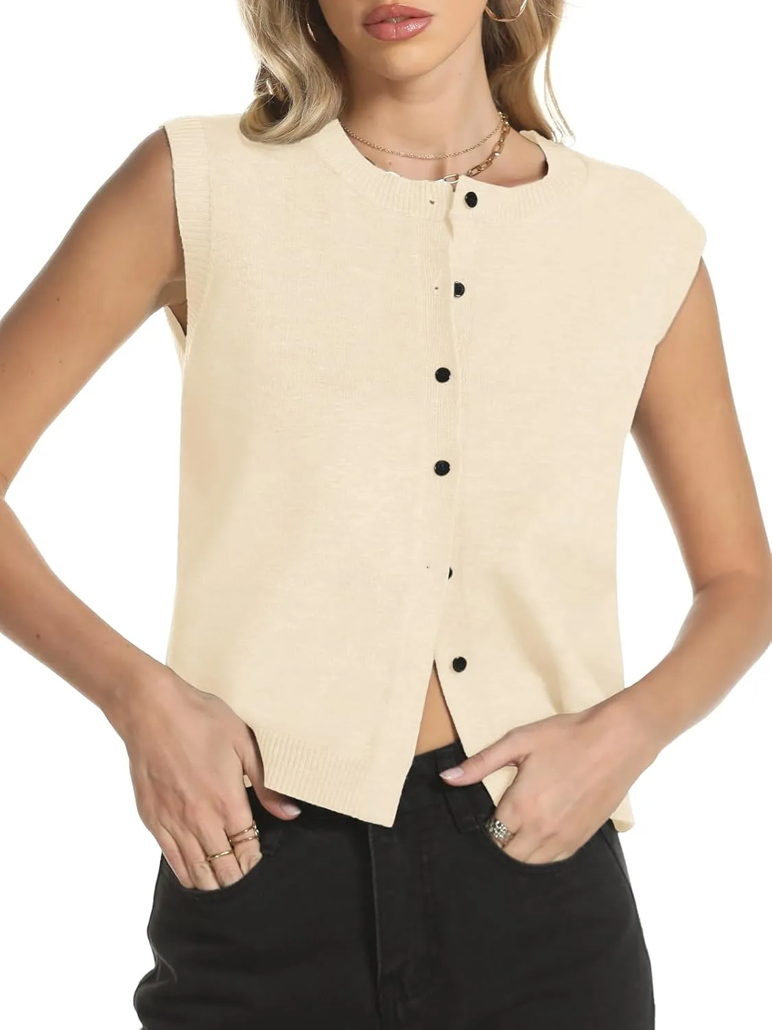 Womens Sweater Vest Summer Crewneck Button Down Tank Tops 2025 Trendy Sleeveless Knit Cardigan Crop Tops