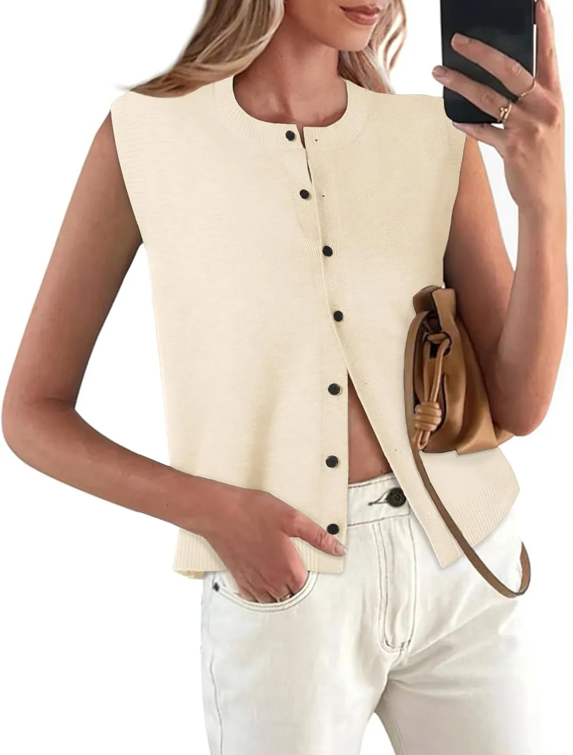 Womens Sweater Vest Summer Crewneck Button Down Tank Tops 2025 Trendy Sleeveless Knit Cardigan Crop Tops
