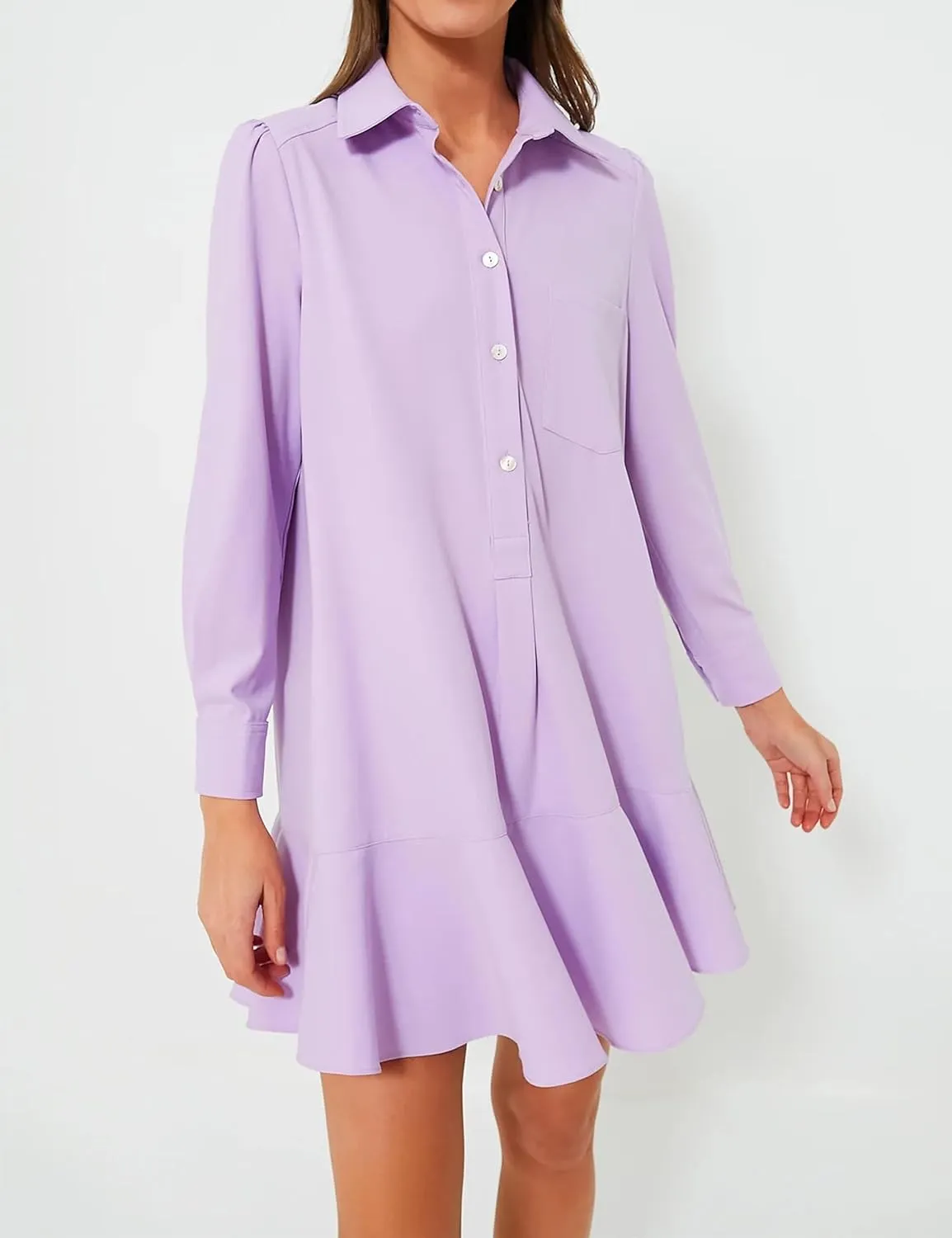 Womens Tunic Shirt Mini Dress Long Sleeve Cotton Drop Waist Collar Short Dress Button Up Ruffle Hem Shift Dresses