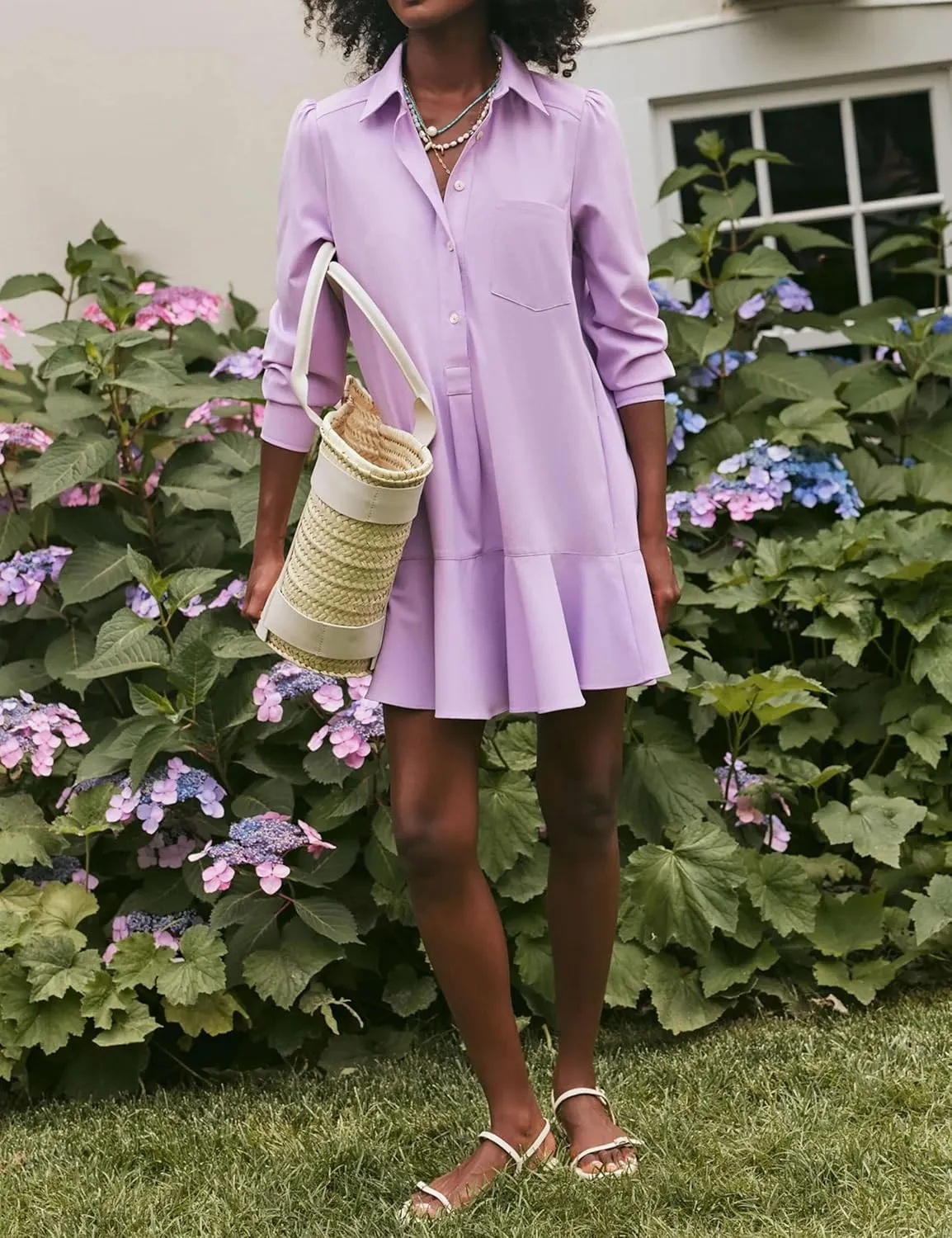 Womens Tunic Shirt Mini Dress Long Sleeve Cotton Drop Waist Collar Short Dress Button Up Ruffle Hem Shift Dresses
