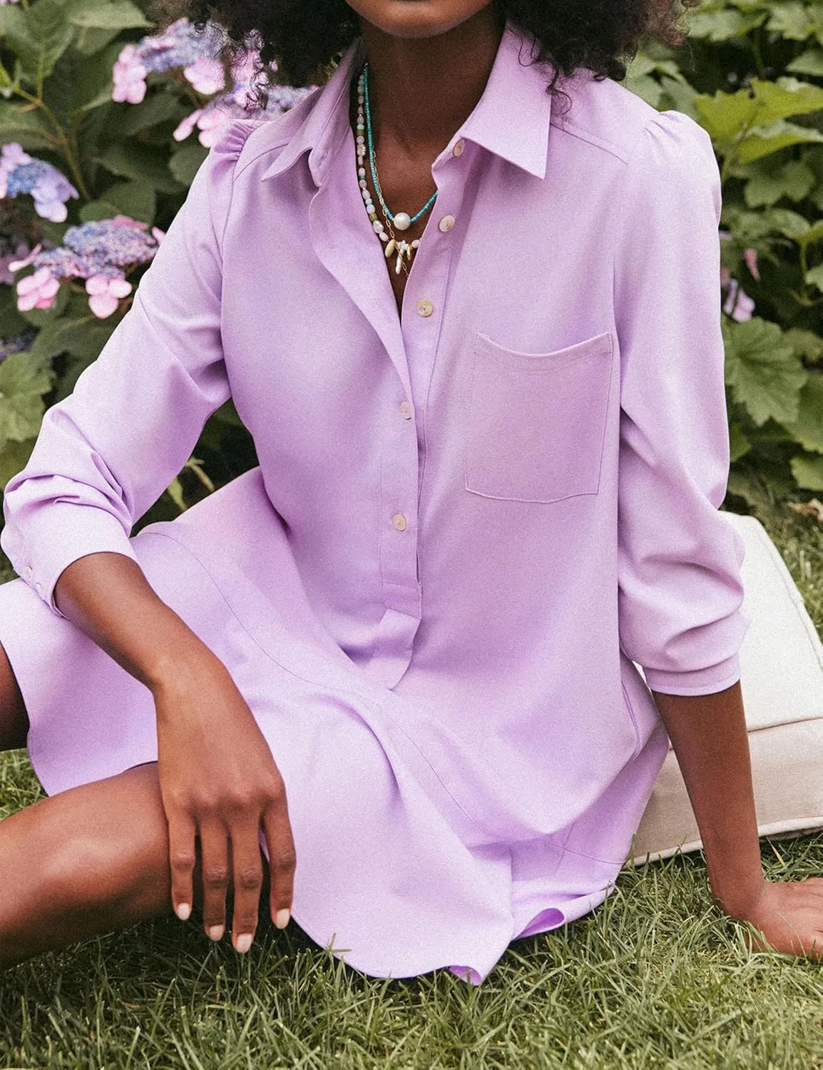 Womens Tunic Shirt Mini Dress Long Sleeve Cotton Drop Waist Collar Short Dress Button Up Ruffle Hem Shift Dresses