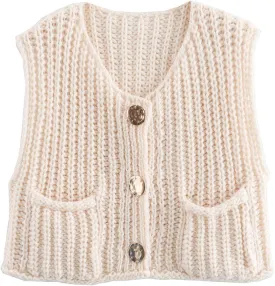 Wyeysyt Sweater Vest Women Sleeveless Crop Knit Cardigan Casual Button Down Cropped Knitted Sweater Vest with Pockets