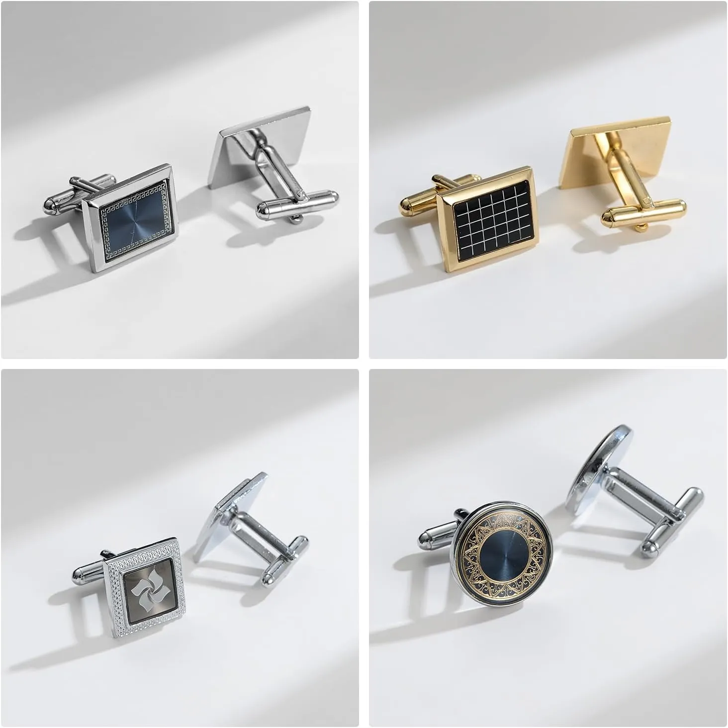 wynameleri Cufflink 12 Pairs, Classic Fashion Men's Cuff Links Silver-Tone Gold-Tone Black for Business Wedding Party Gift Box