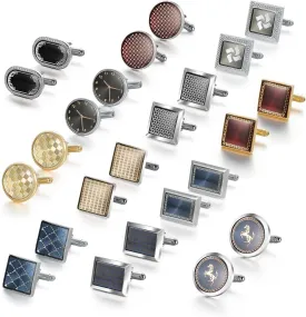 wynameleri Cufflink 12 Pairs, Classic Fashion Men's Cuff Links Silver-Tone Gold-Tone Black for Business Wedding Party Gift Box