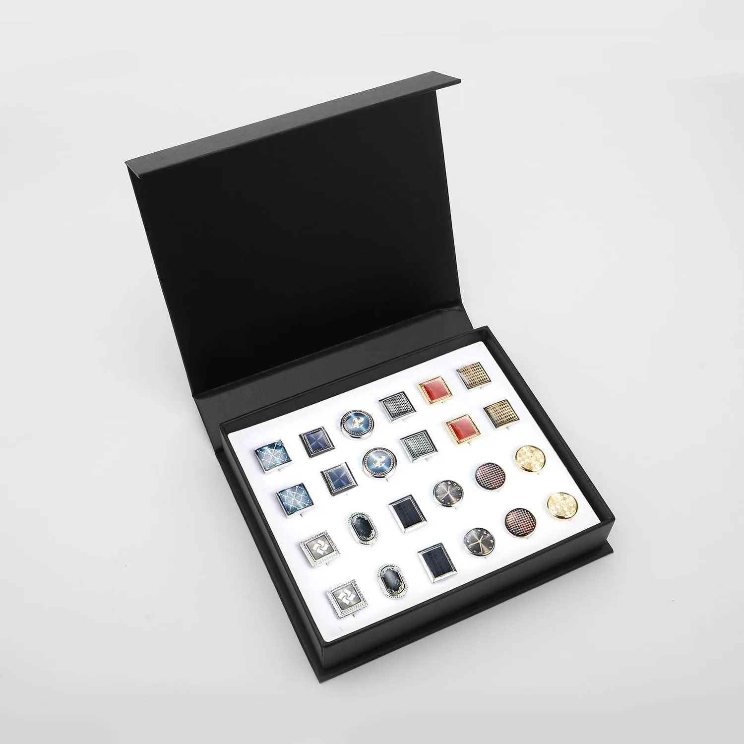 wynameleri Cufflink 12 Pairs, Classic Fashion Men's Cuff Links Silver-Tone Gold-Tone Black for Business Wedding Party Gift Box