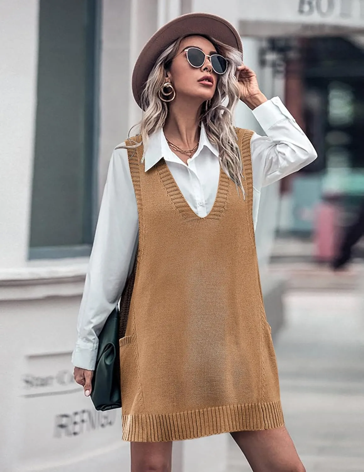 Zeagoo Womens Sweater Vest Dress Pattern Knitted Pullovers Sweaters V Neck Tank Sweater Dress with Pockets