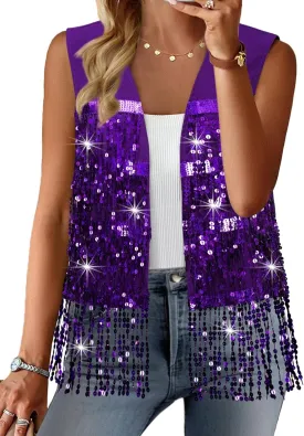 ZXZY Womens Sequin Fringe Sleeveless Vest Sparkly Lightweight Fitted Jacket Cardigan